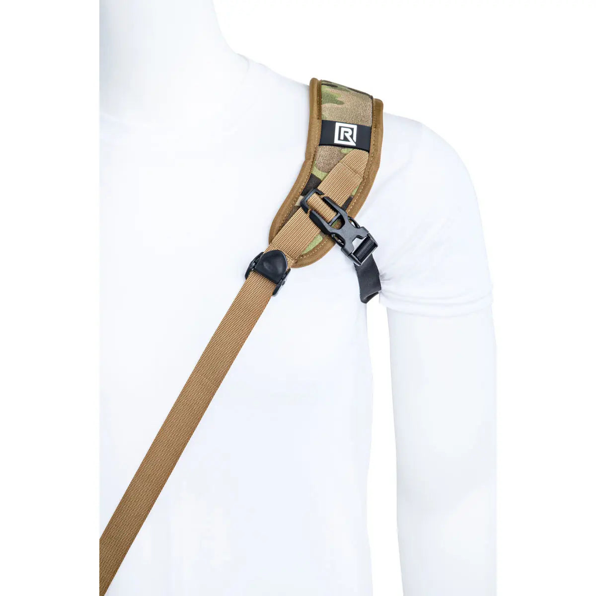 Tan shoulder strap with black buckle on a white background