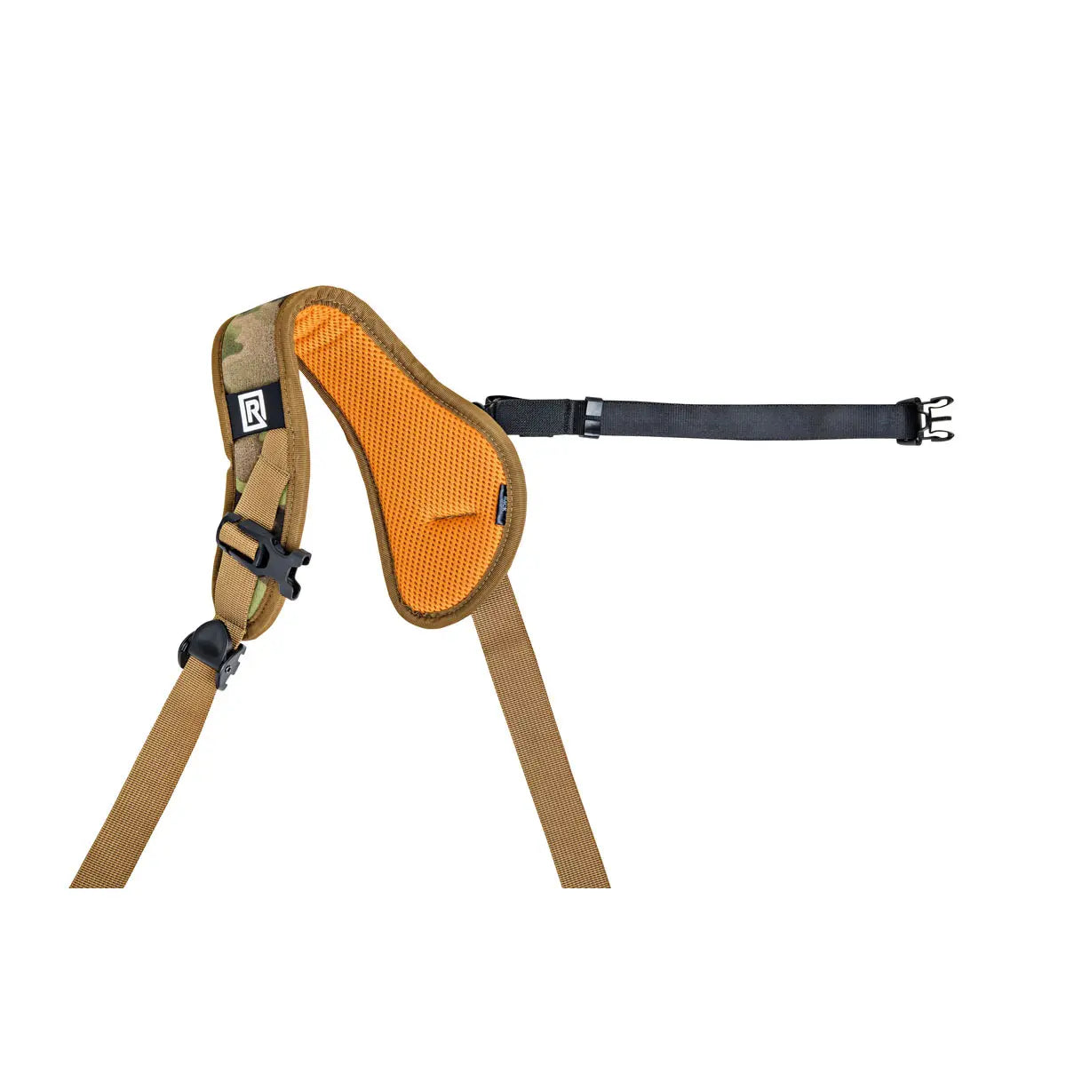 Hunting shoulder rest with orange and brown design on a white background