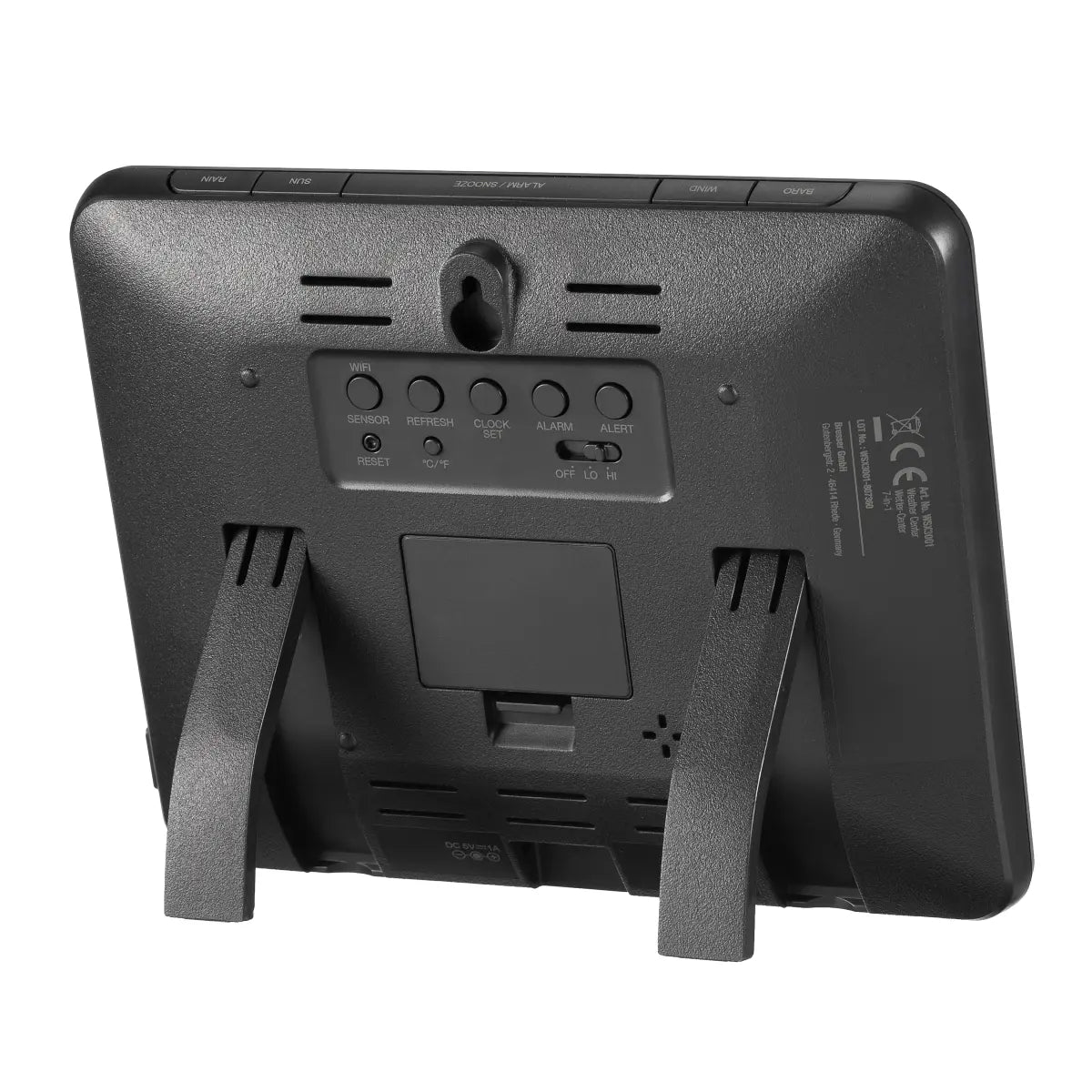Back view of a black electronic device with ports and branding on a white background