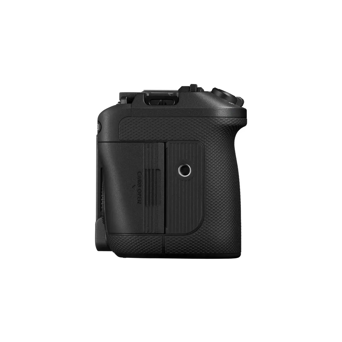 Black camera battery pack on a white background