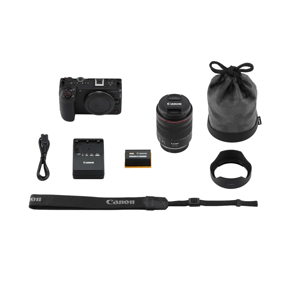 Canon camera and lens set with accessories on a white background