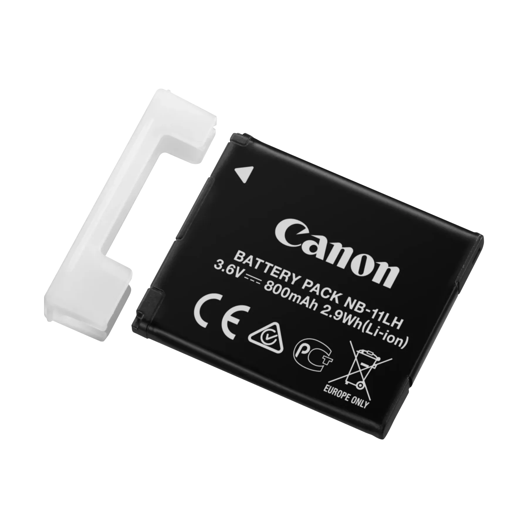 Canon battery pack NB-11LH with a white latch on a white background