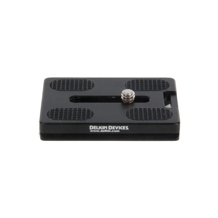 Black metal plate with cooling vents and Delkin Devices branding on a white background