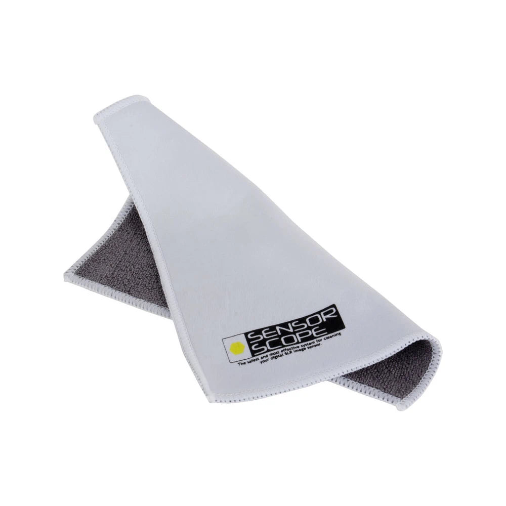 Microfiber cleaning cloth with Sensor Scope logo on a white background