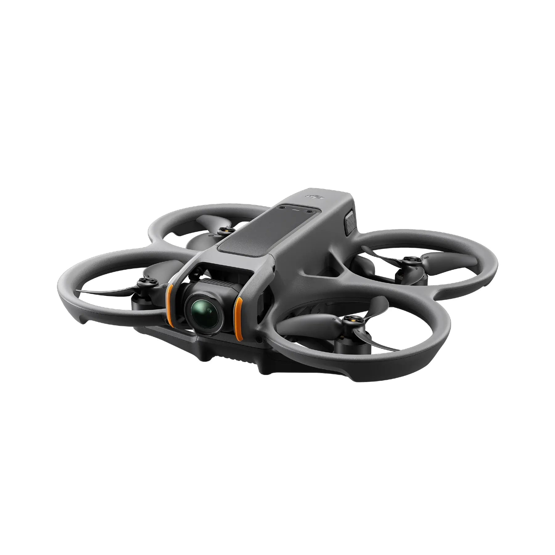 A black DJI Avata 2 drone with orange highlights on its propellers and camera.