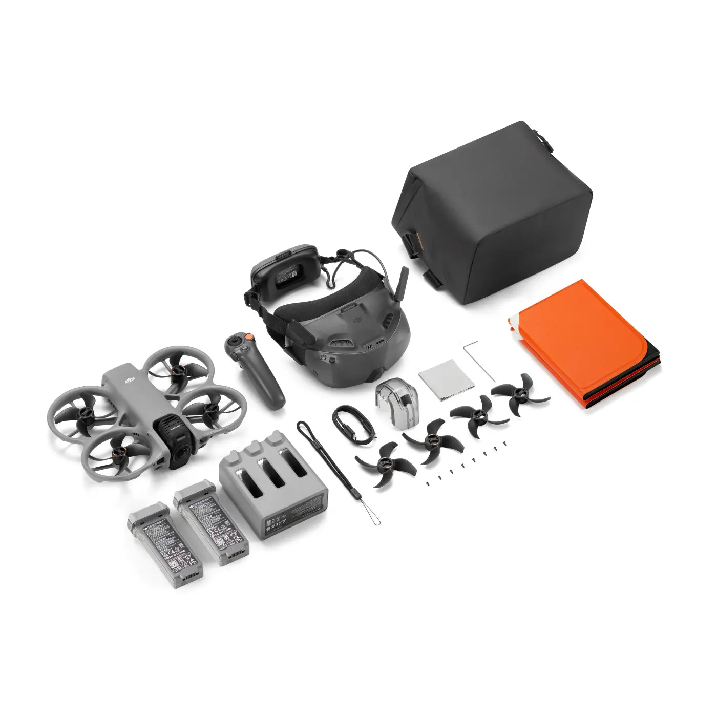 Collection of drone parts and accessories on a white background