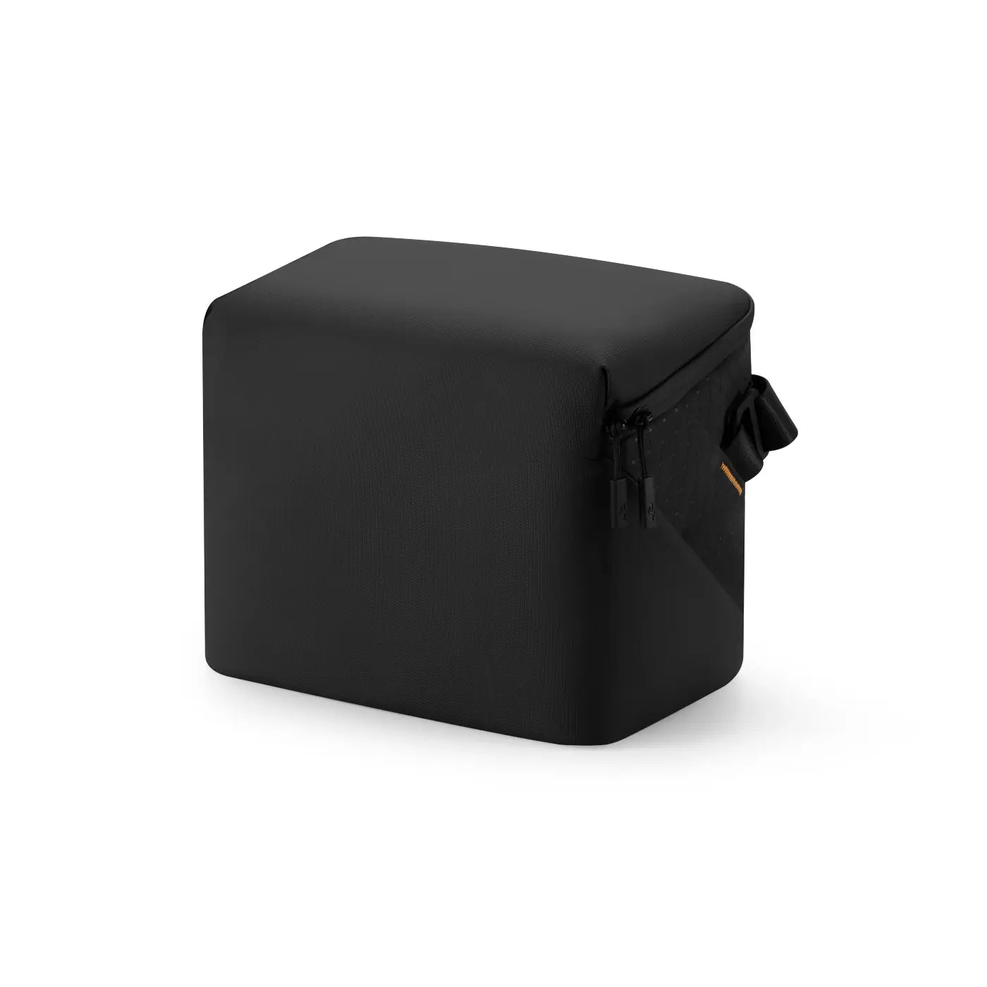 Black cube-shaped bag with a strap on a white background