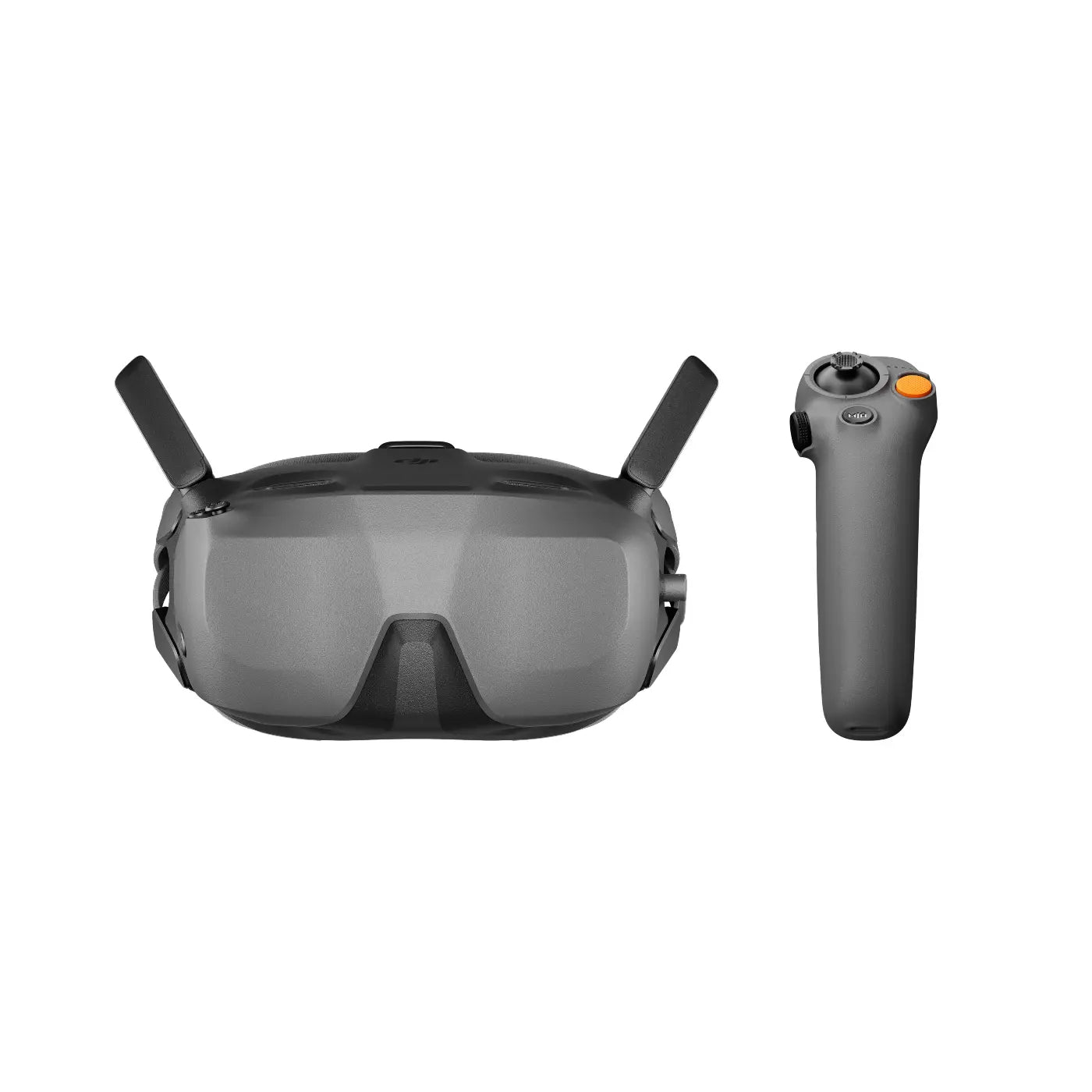 Black goggles with antennas and a remote control on a white background