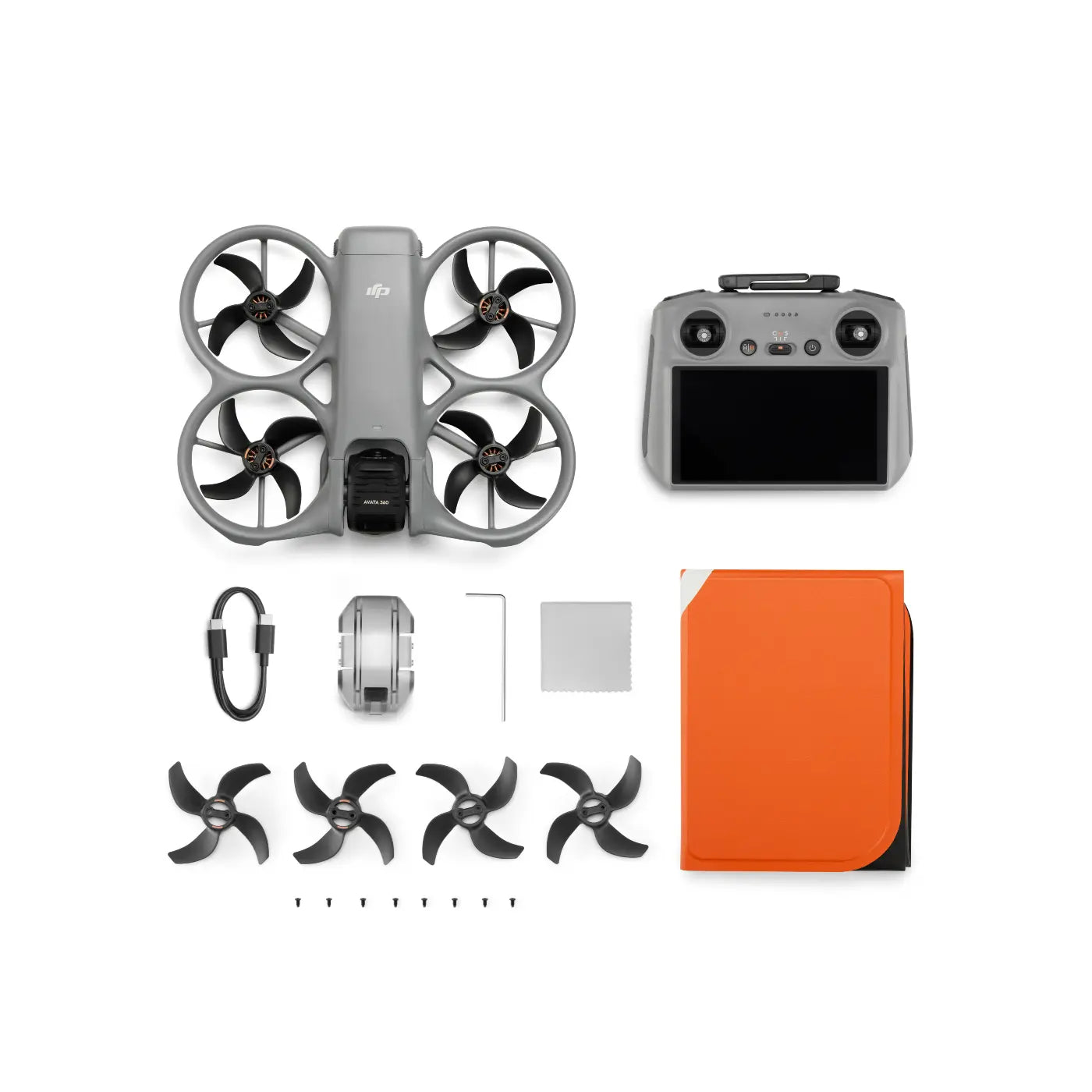 Drone components including body, propellers, remote control, and carrying case on a white background