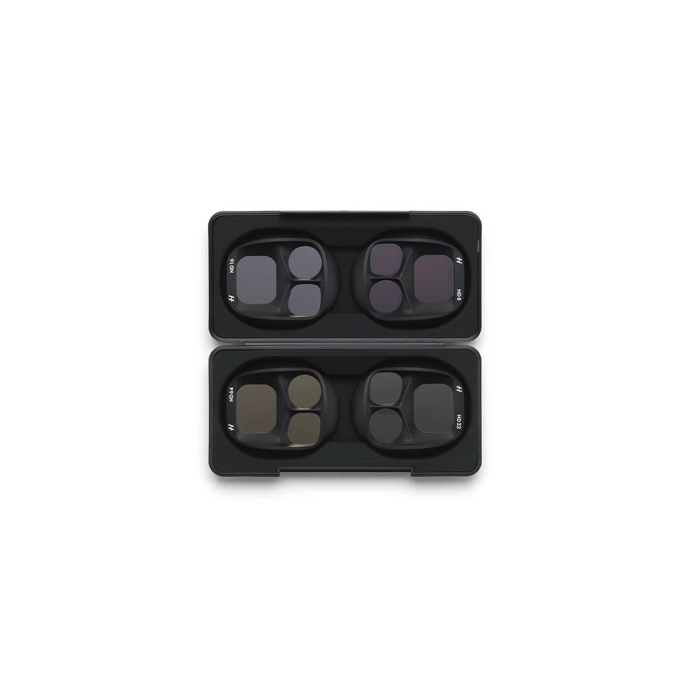 Two black camera lens filters in a protective case on a white background