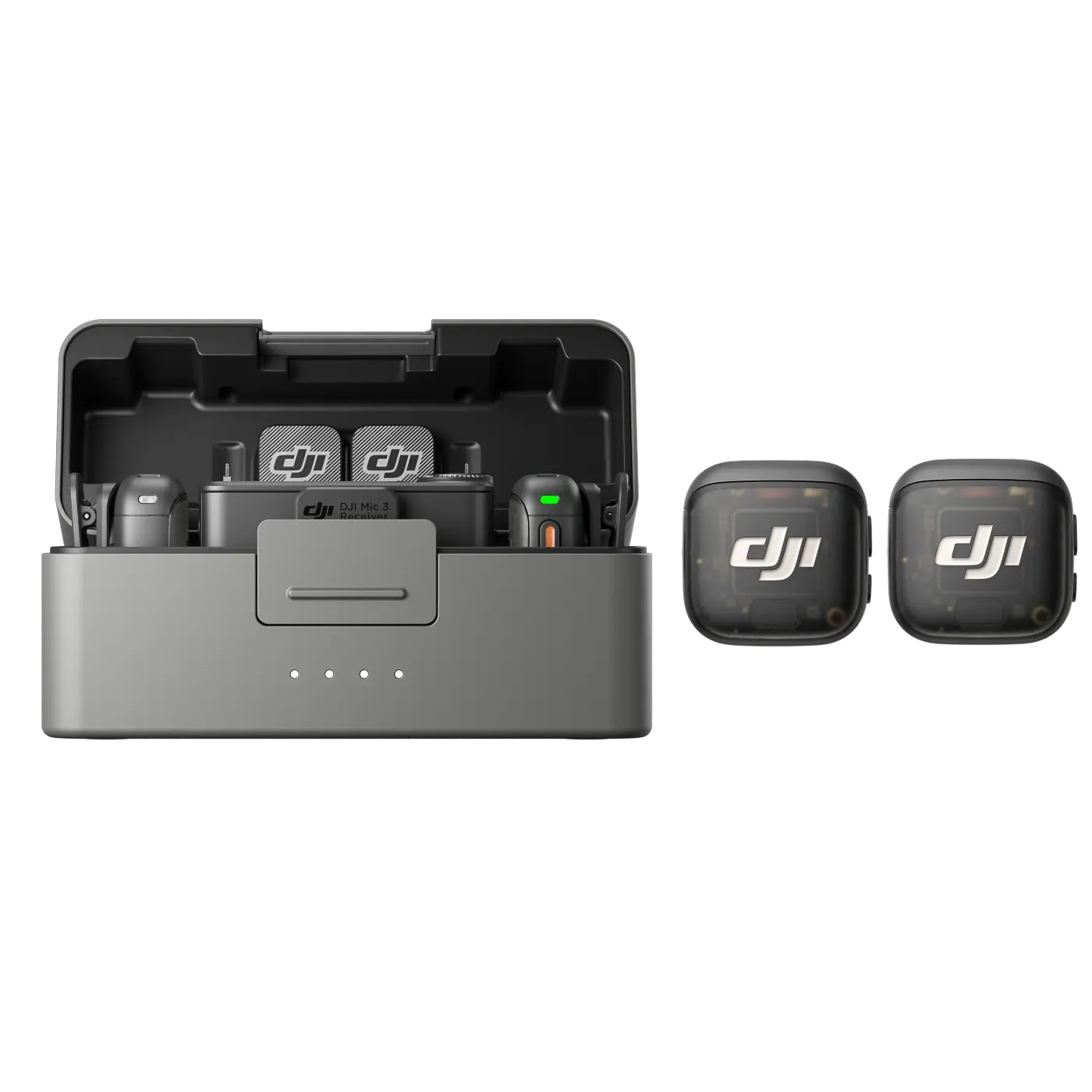 DJI Mic 3 (2 TX + 1 RX + Charging Case) front of case with mics removed