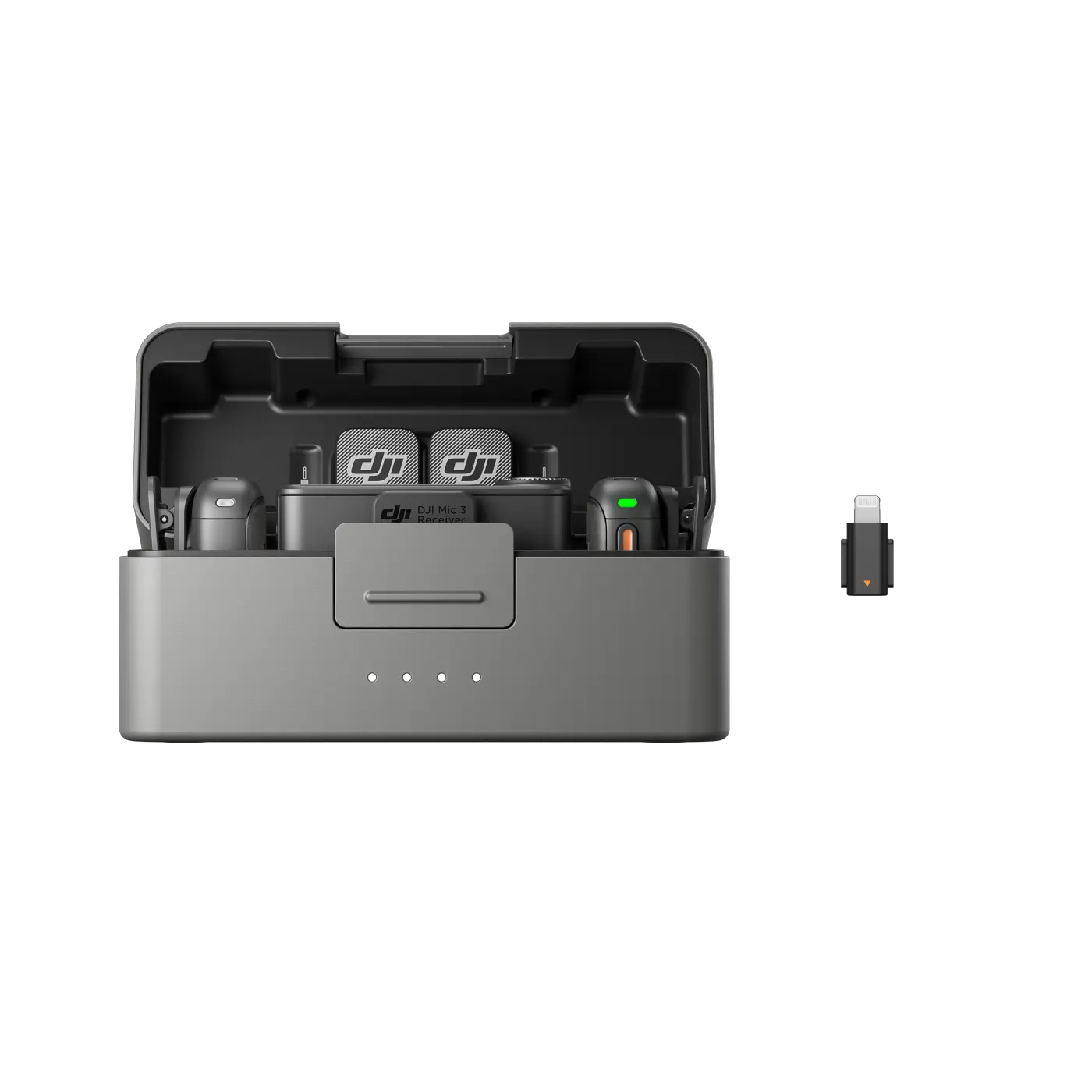 DJI Mic 3 (2 TX + 1 RX + Charging Case) front of case with smartphone adaptor removed