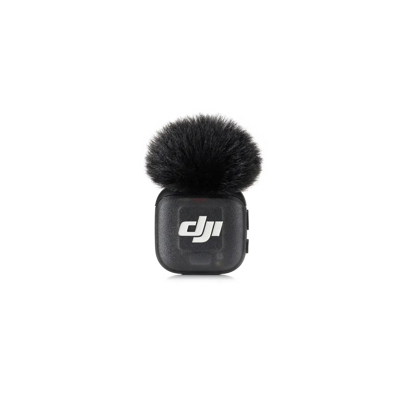 DJI Mic 3 Transmitter front with black windscreen attached