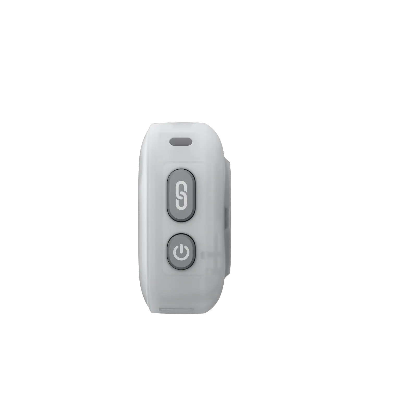 White remote control with power and other buttons on a white background