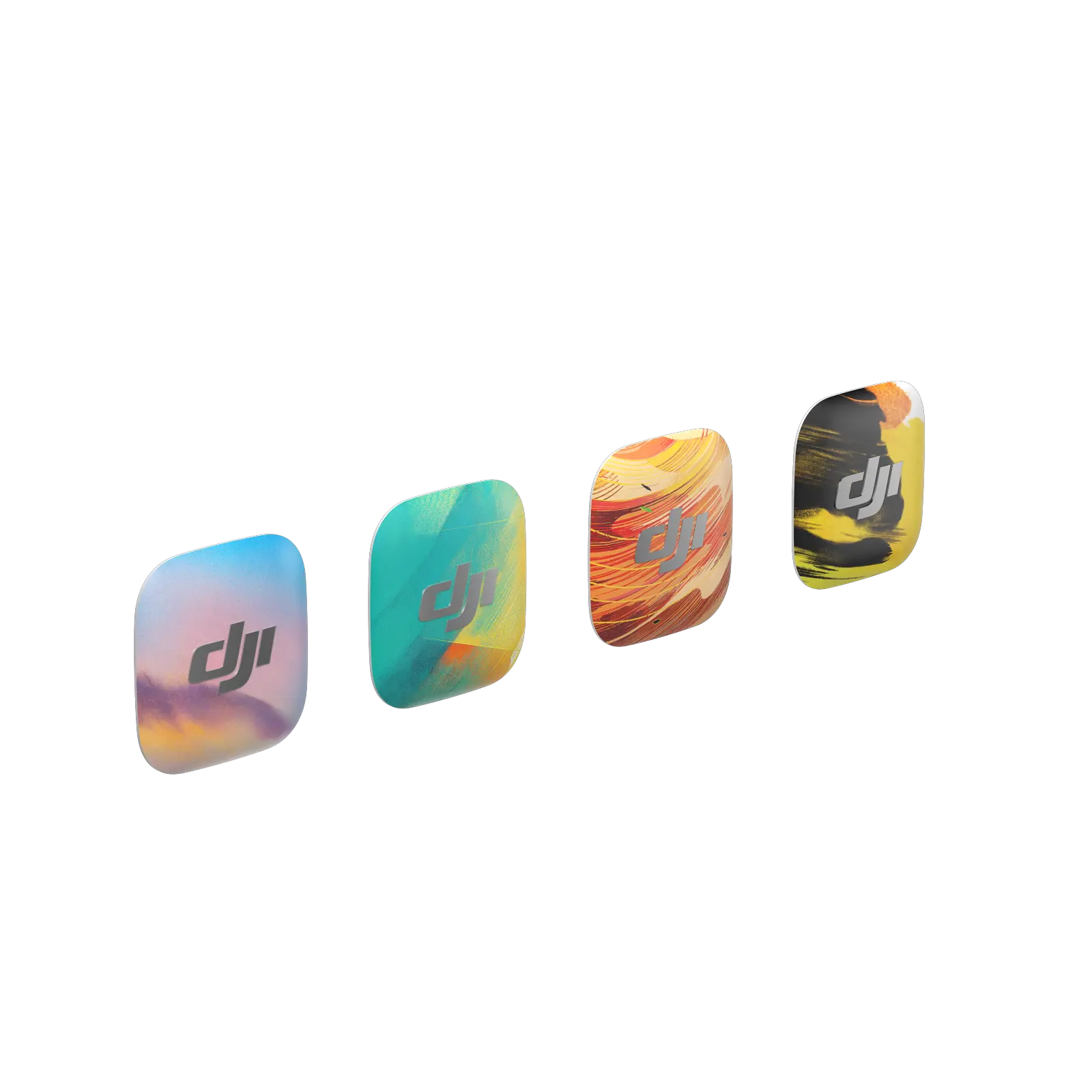 Four colorful DJI protective cases on a white background