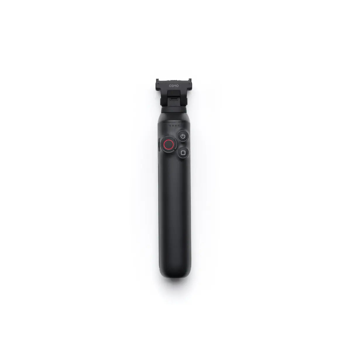 Black handheld camera stabilizer on a white background
