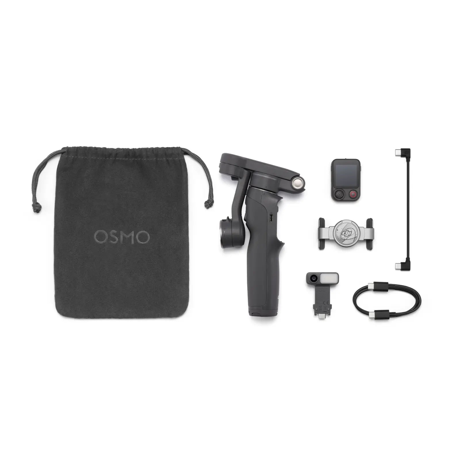Gimbal camera kit with accessories and Osmo branding on a white background