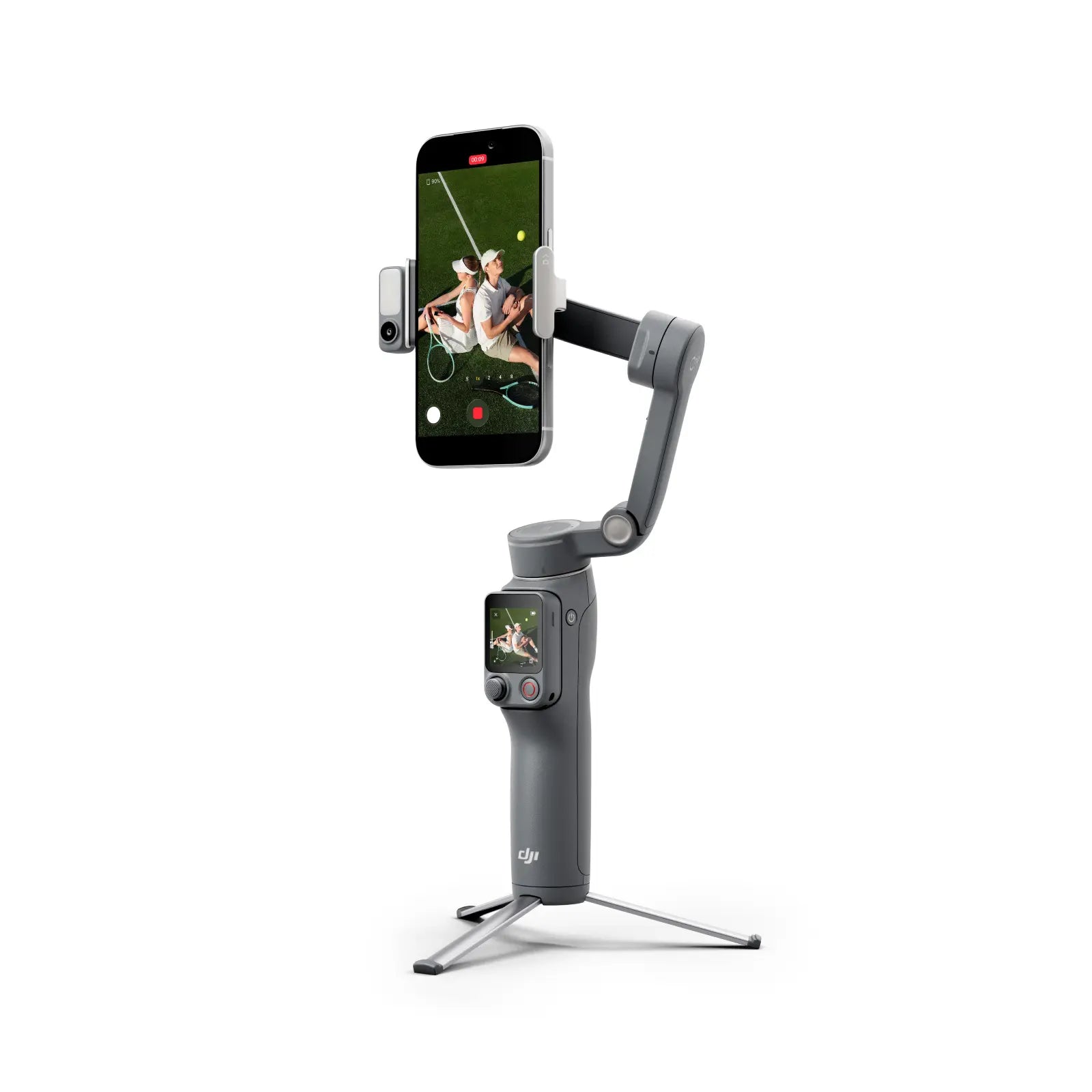 Smartphone mounted on a gimbal with screen displaying video feed on a white background