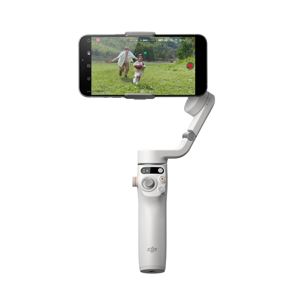 DJI Osmo Mobile 6 Smartphone Gimbal Stabilizer in Platinum Gray with a smartphone attached and an image on the screen showing two people walking a dog.