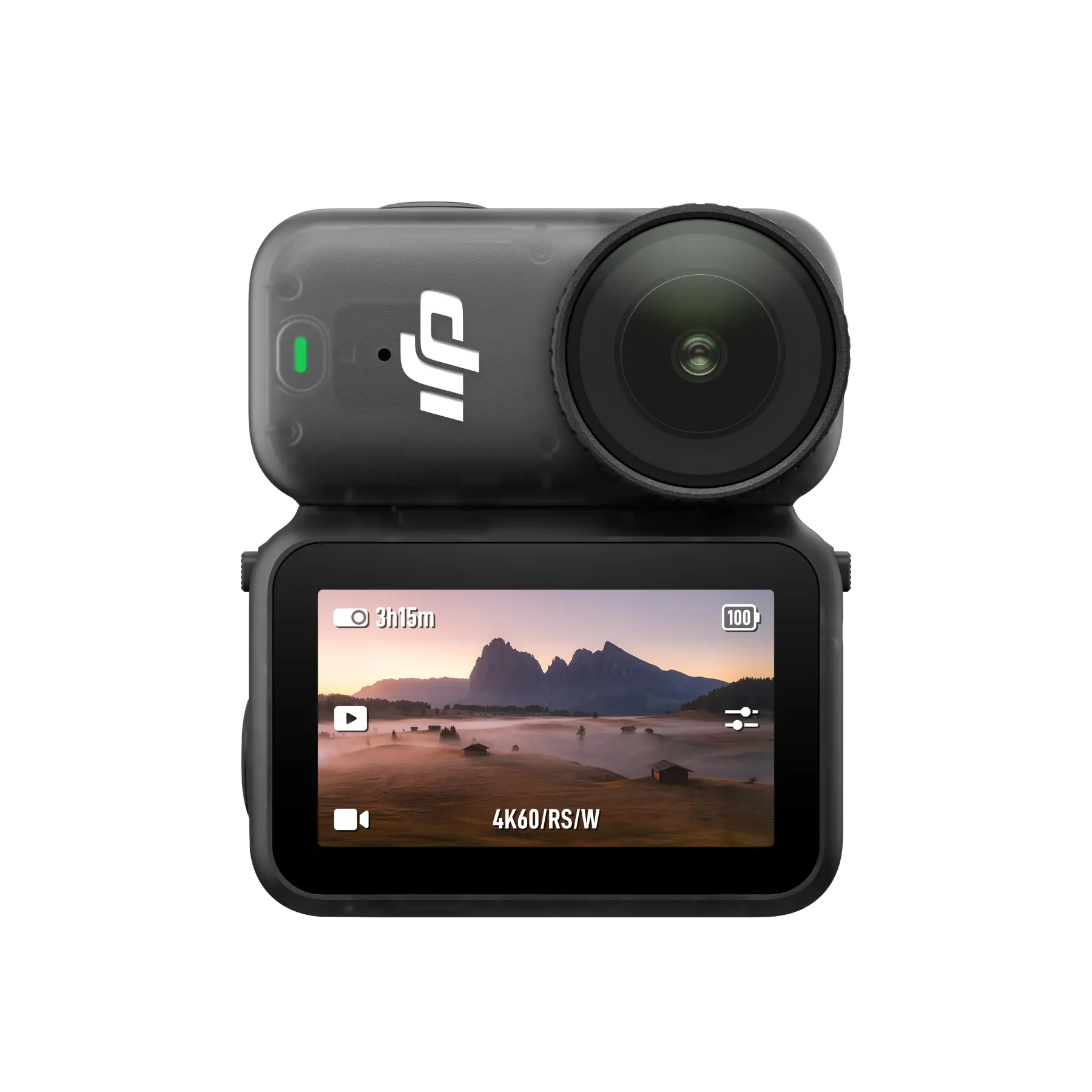 Action camera with screen displaying a mountainous landscape on a white background