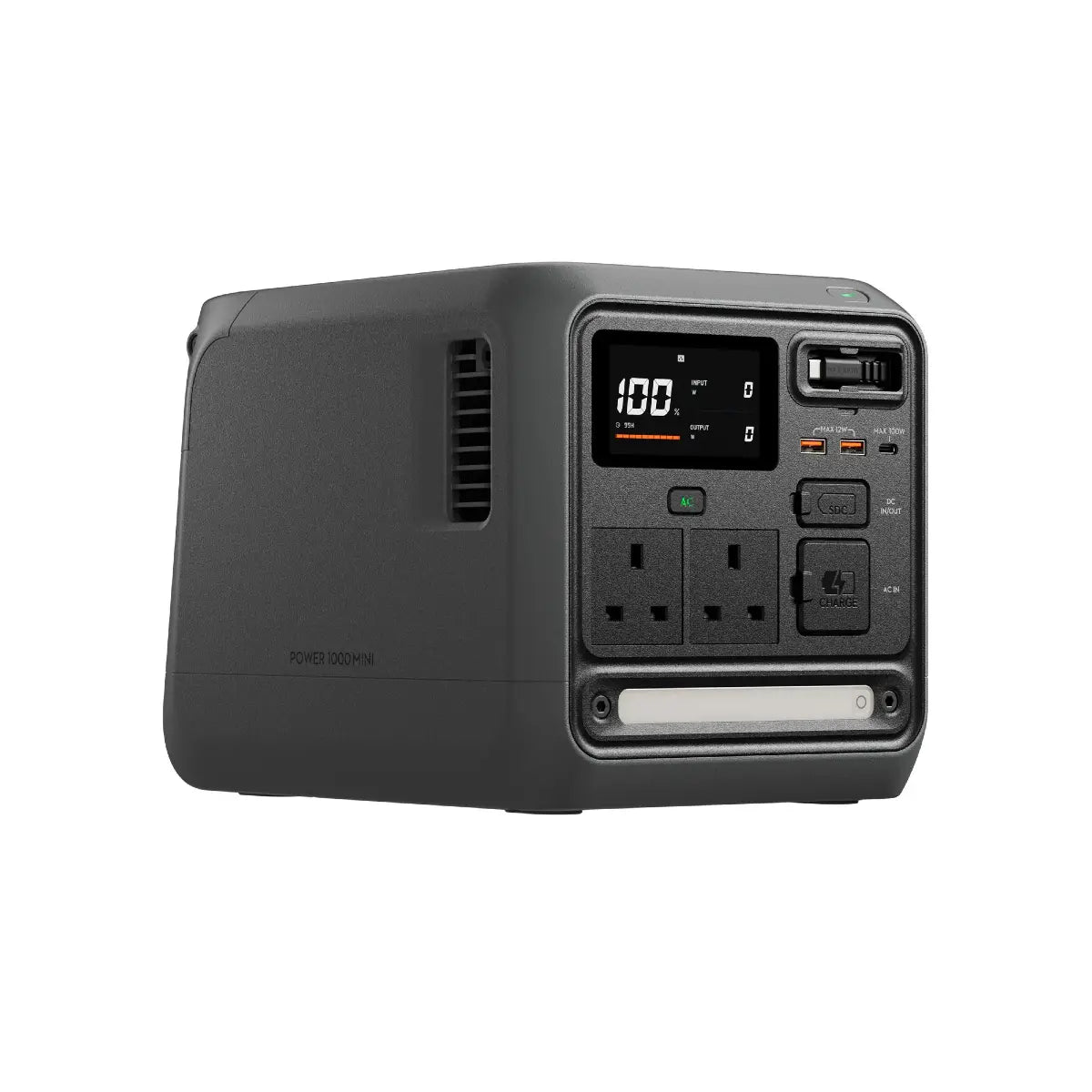 Power station with digital display and multiple outlets on a white background
