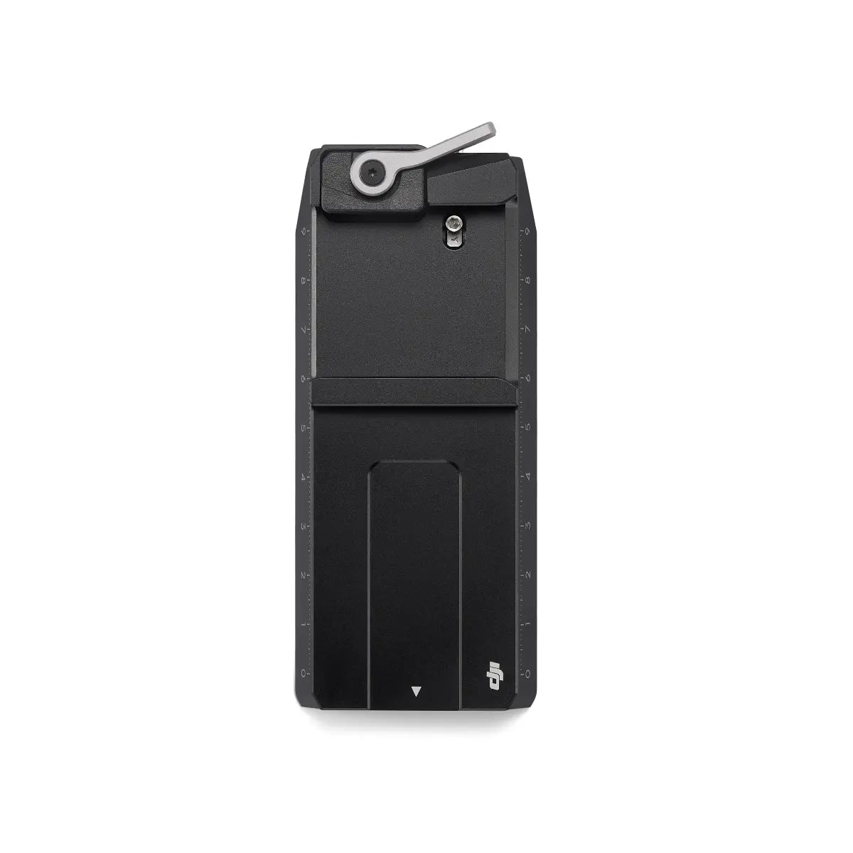 Black electronic device with a small screen and button on a white background