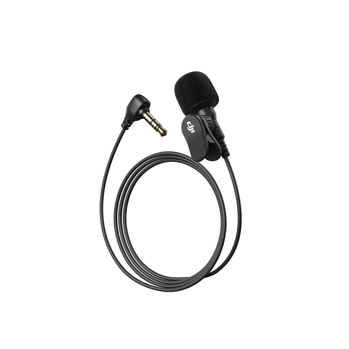 A black DJI Lavalier Mic with a cable and a 3.5mm jack connector.