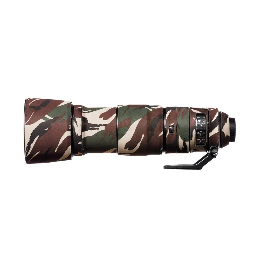 Camouflage-patterned camera lens on a white background