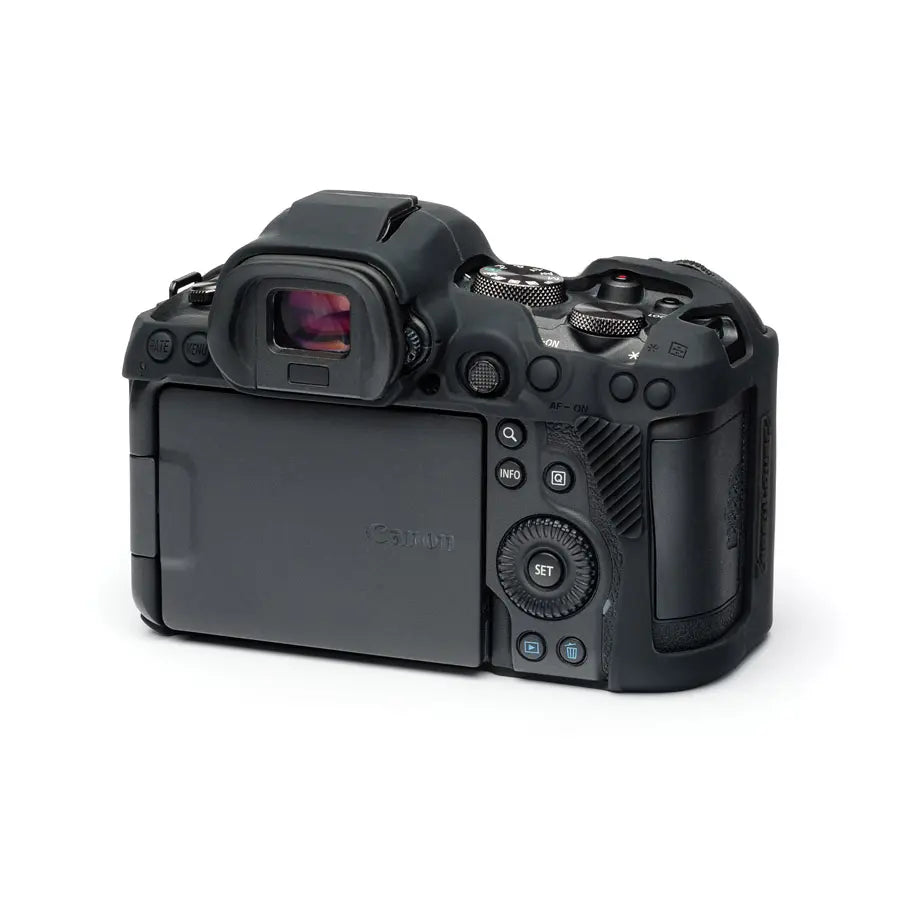 Black camera body on a white background