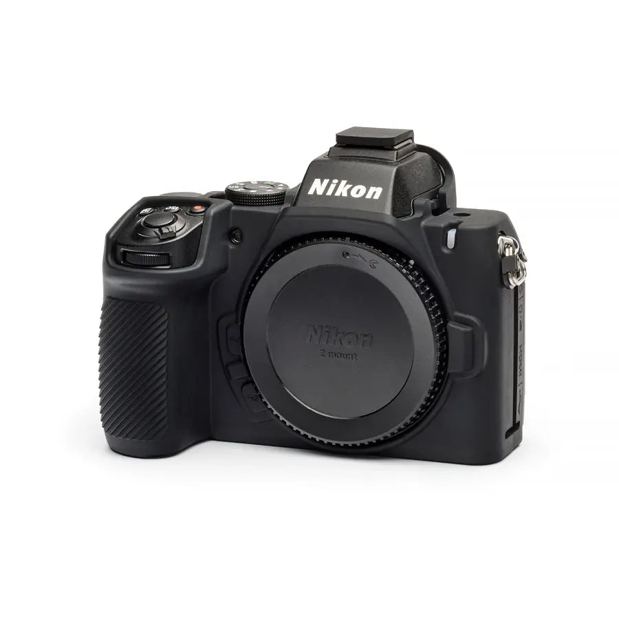 Nikon camera body with a black protective case on a white background