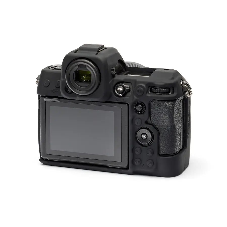 Black camera body on a white background