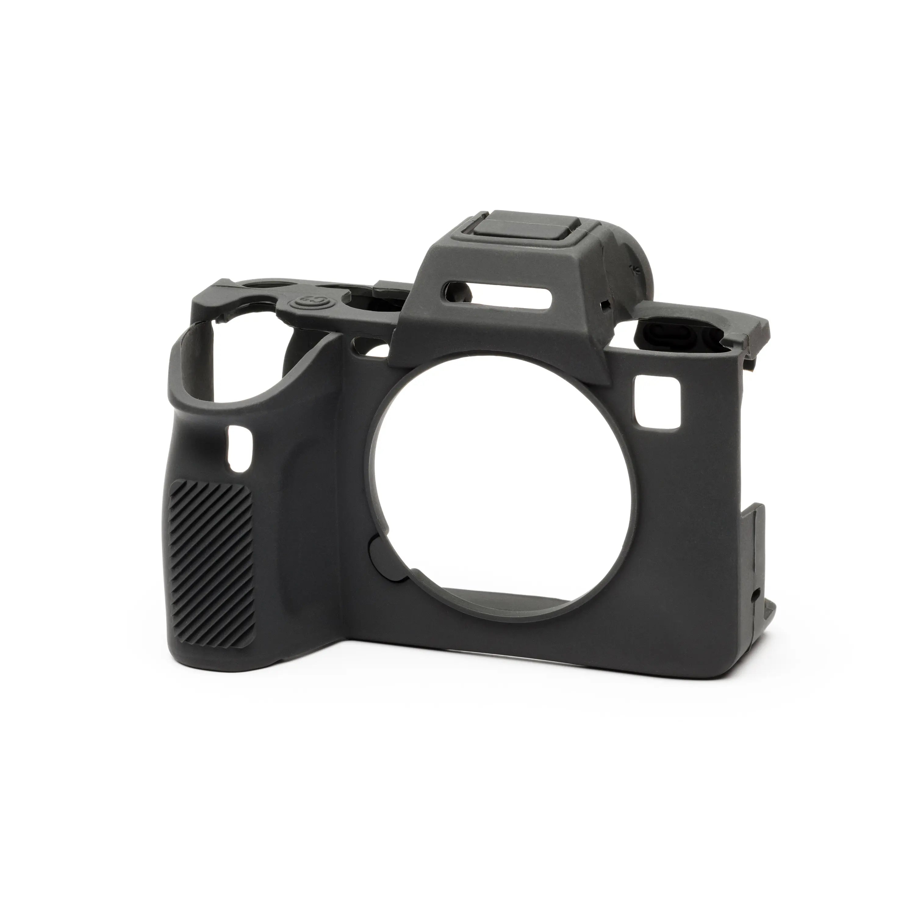Black camera body protector on a white background