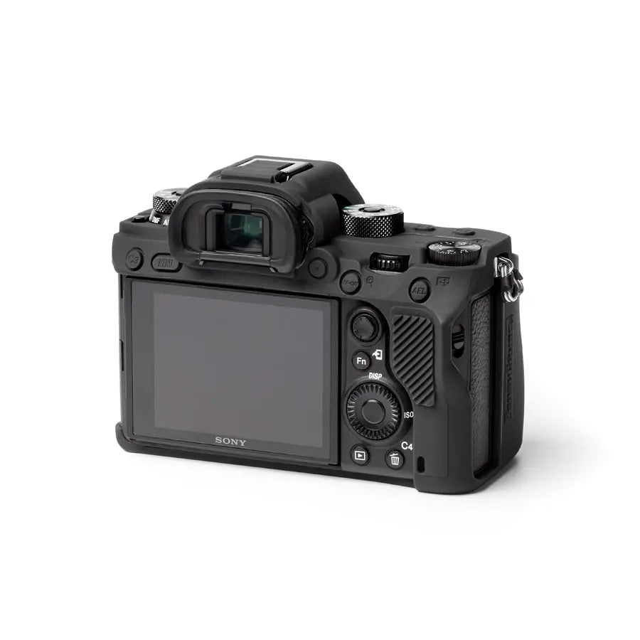 Back view of a black Sony camera on a white background