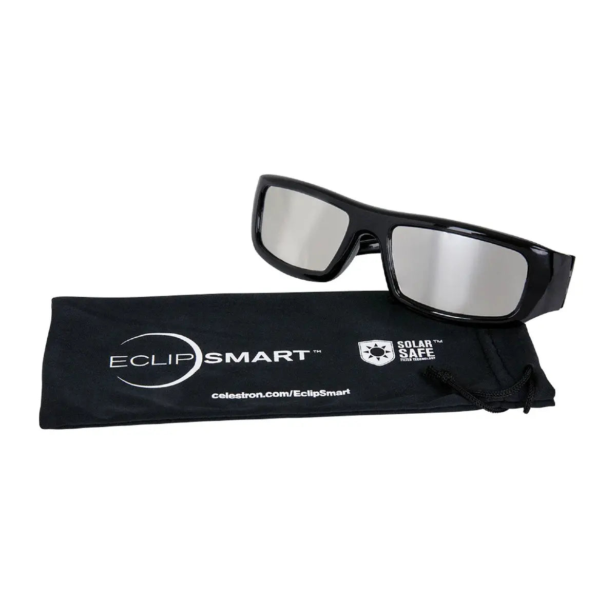 Solar eclipse glasses with a carrying case on a white background