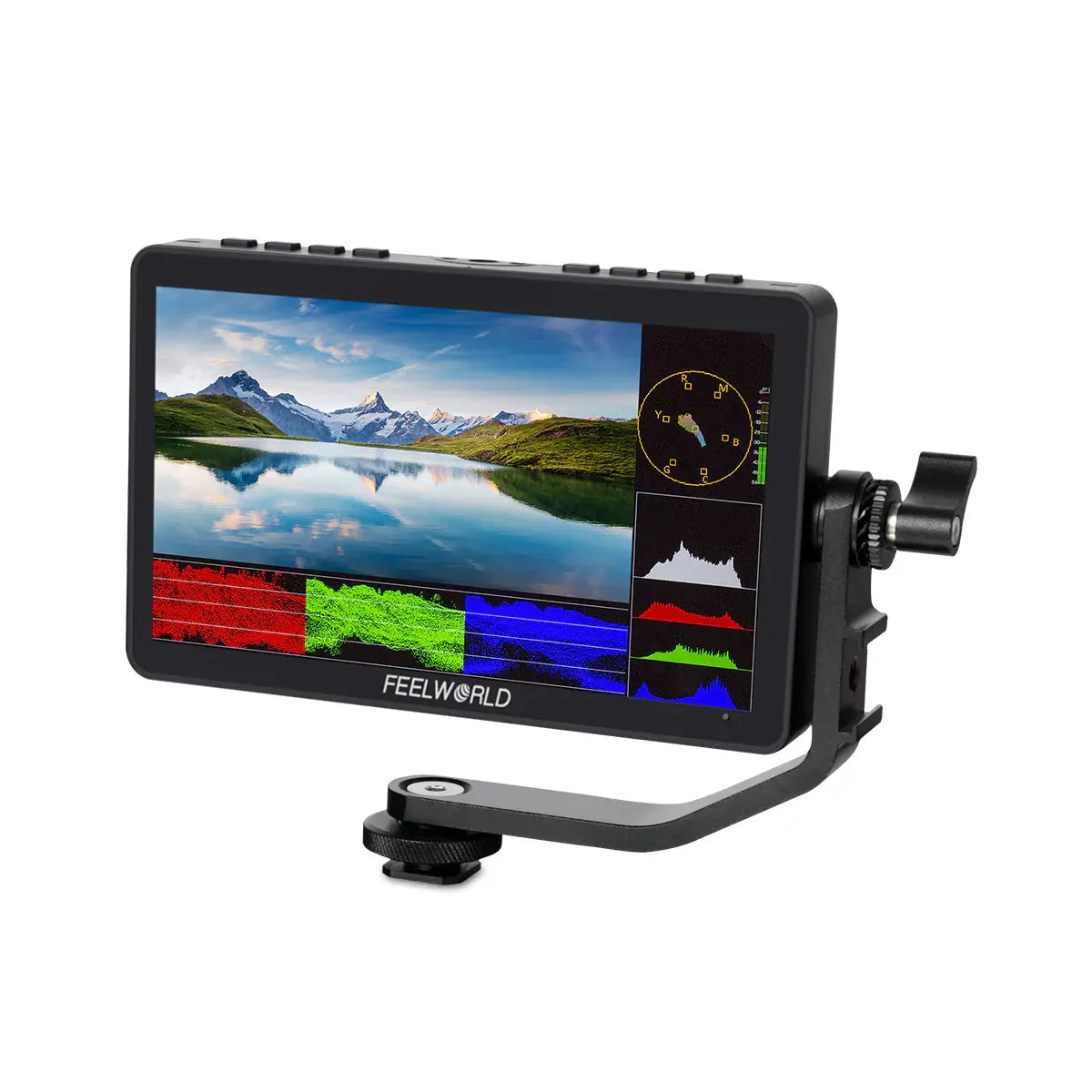 Camera monitor with screen displaying a mountain landscape and control panel on a white background