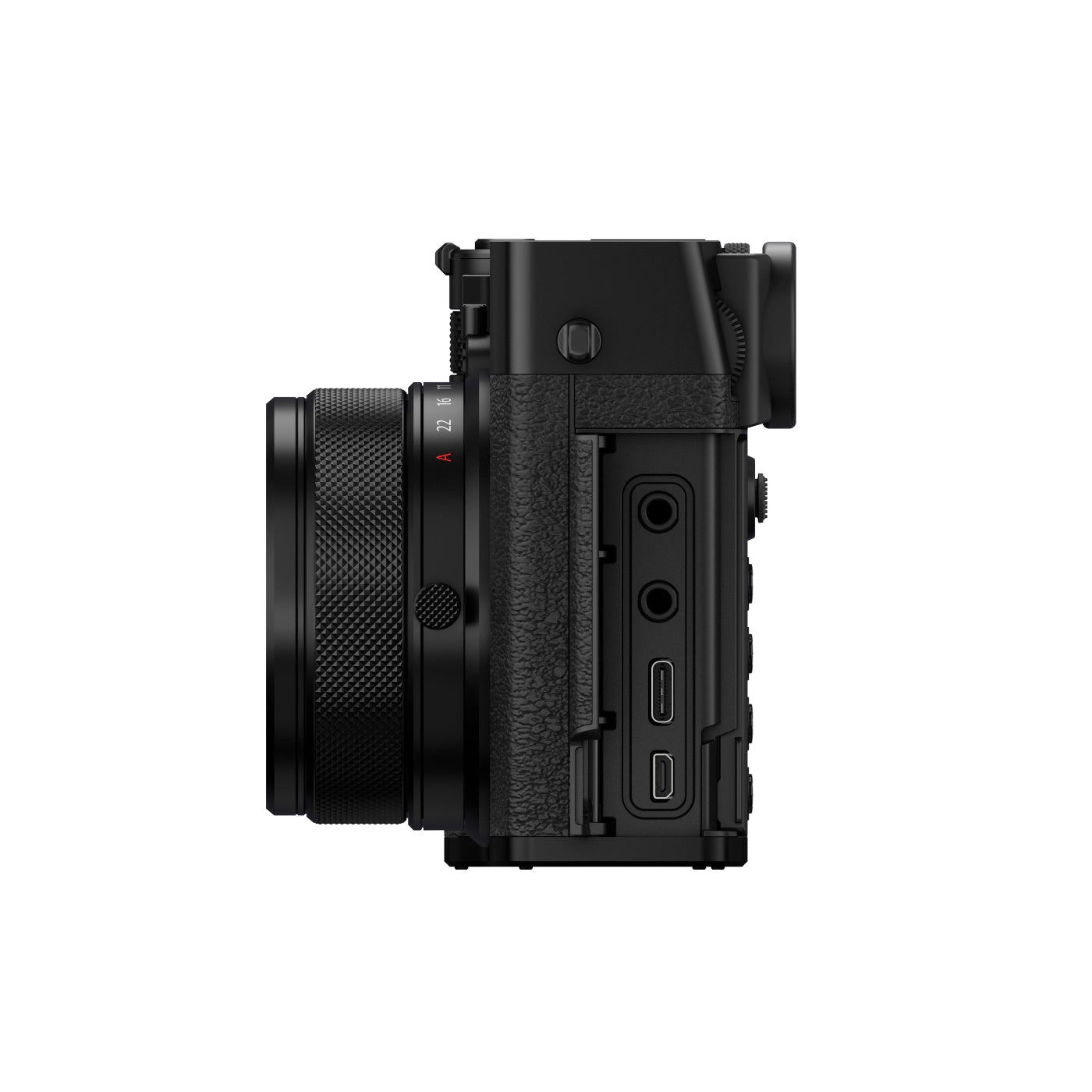 Fujifilm GFX 100 RF Fixed-Lens Medium Format Camera - Black side with media ports open