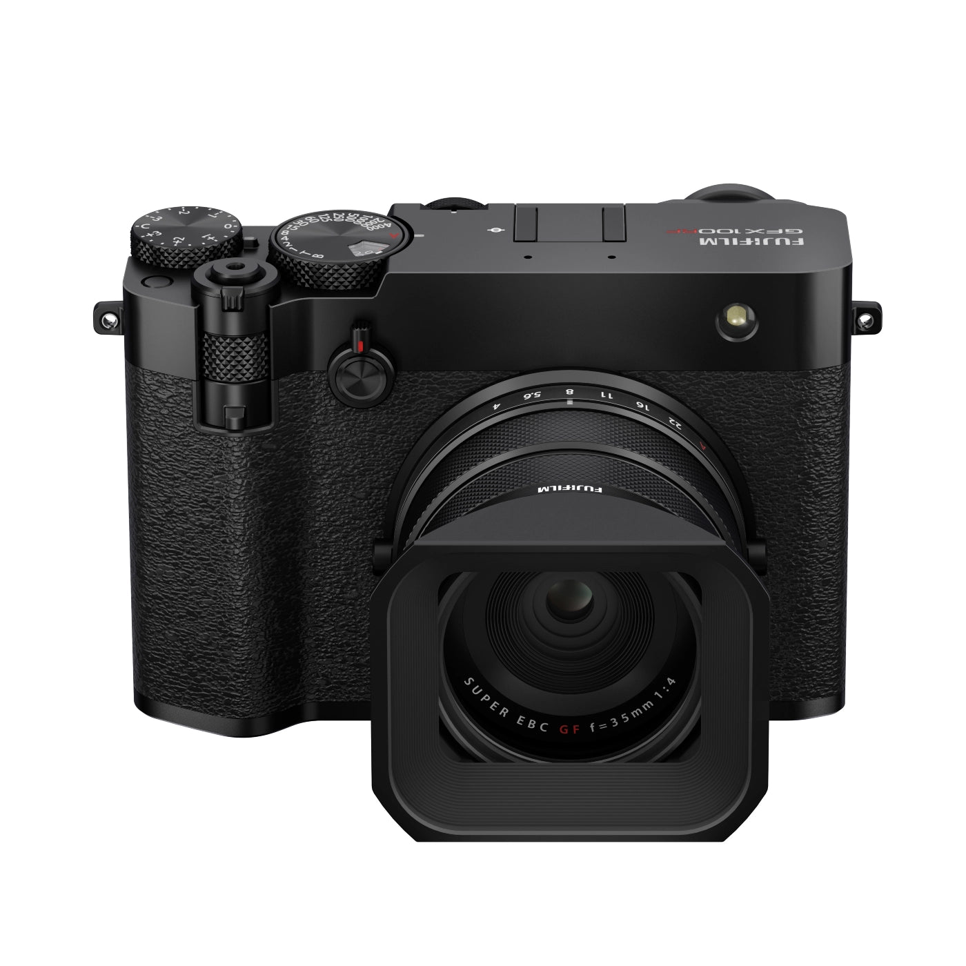 Fujifilm GFX 100 RF Fixed-Lens Medium Format Camera - Black front with lens hood