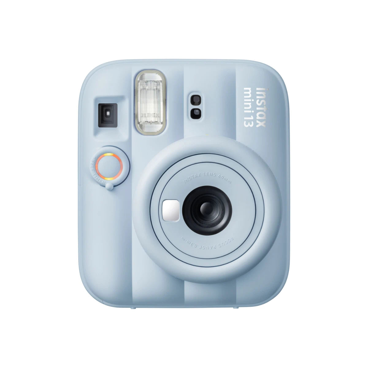 Blue instant camera with 'Instax' branding on a white background