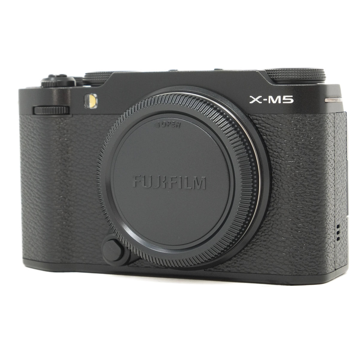 Black Fujifilm camera body with 'X-M5' model on a white background