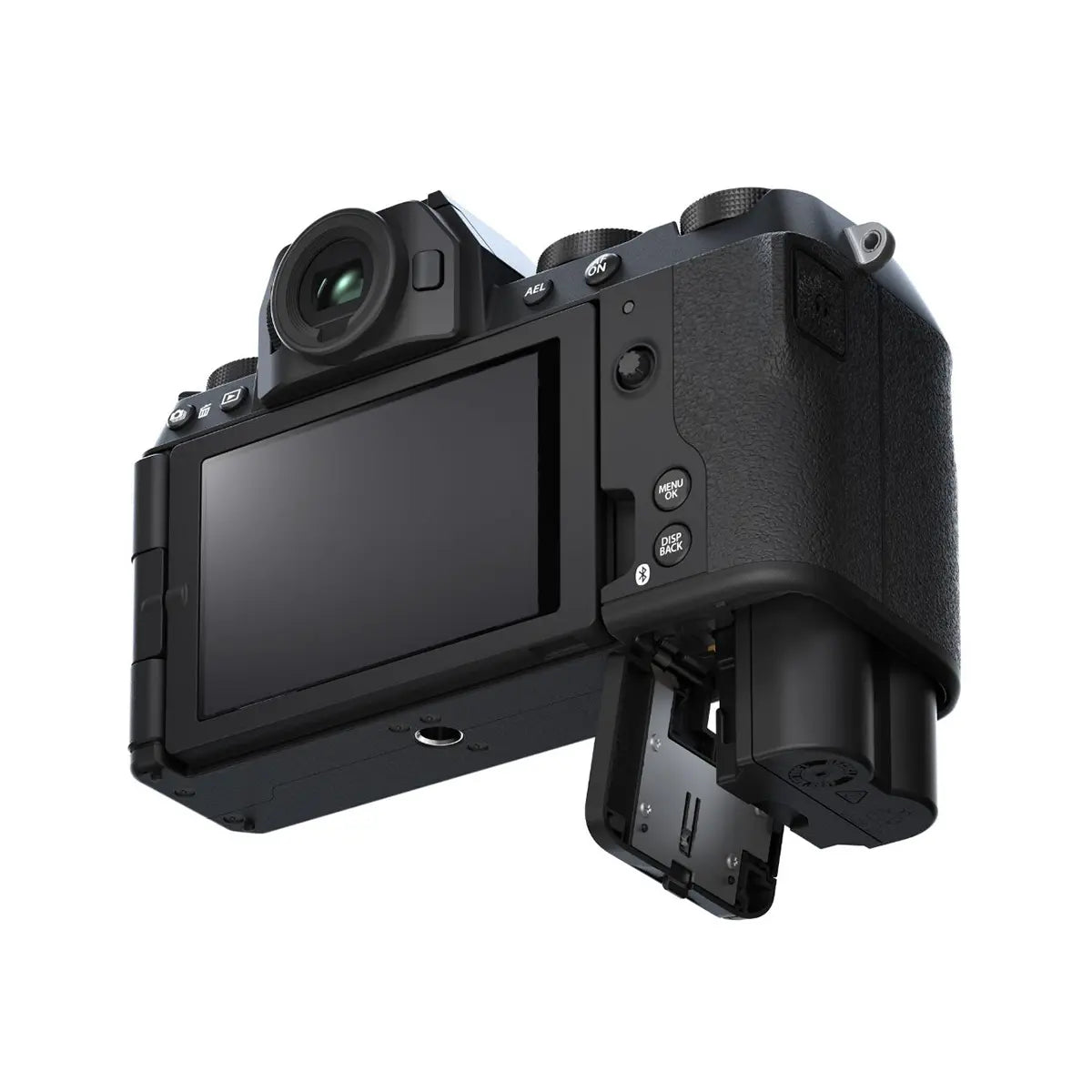 Fujifilm X-S20 Mirrorless Camera with XC 15-45mm F3.5-5.6 OIS PZ lens - Black bottom with battery door open