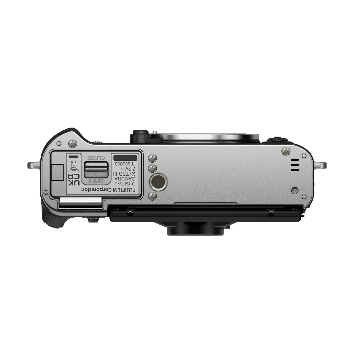 Top view of a silver electronic device with branding on a white background