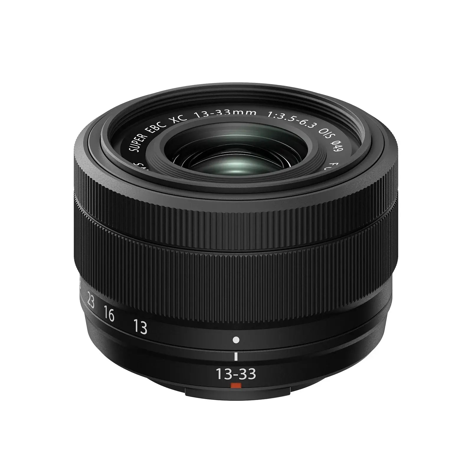 Black camera lens on a white background