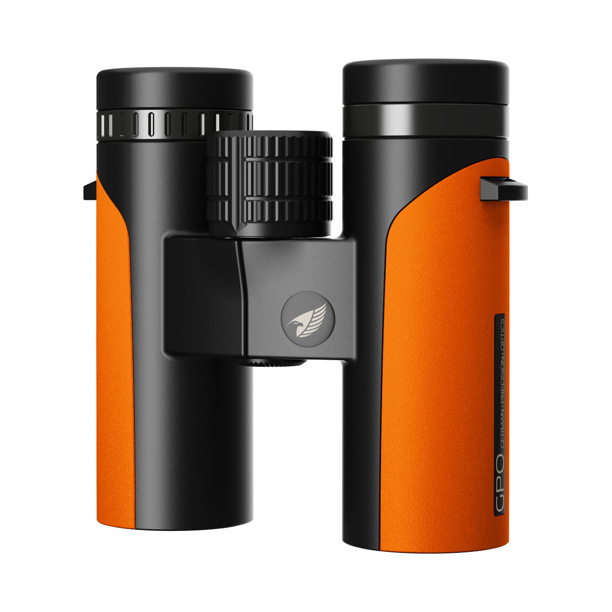 A pair of GPO Passion ED 8x32 Binoculars in orange color with black accents, displayed with the lid off and the brand's logo visible.