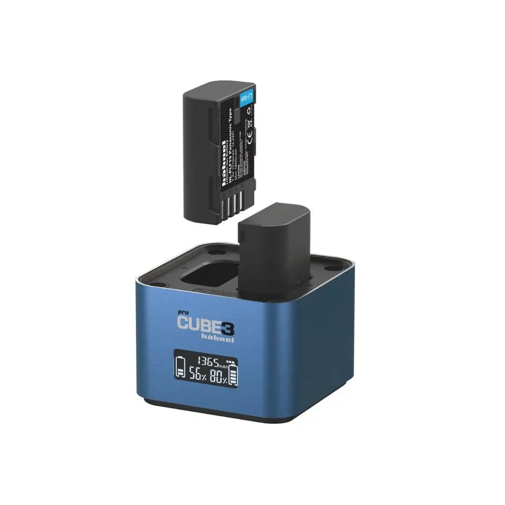 Blue battery charger with a black battery on a white background