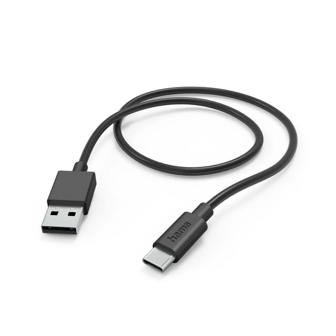 Black USB cable with one end being USB type A and the other end being USB type C on a white background.