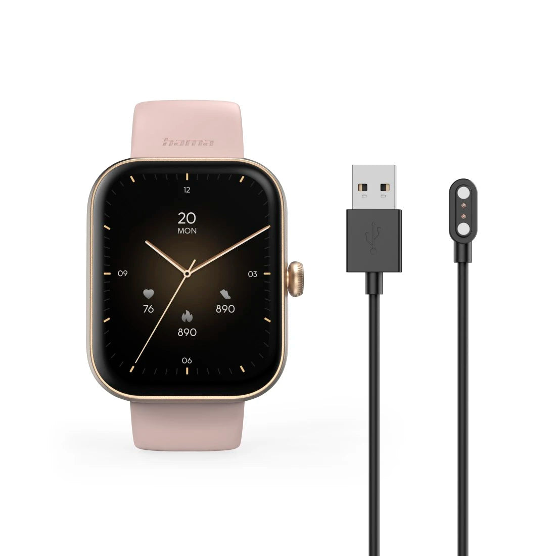 Smartwatch with a USB cable and charging dock on a white background