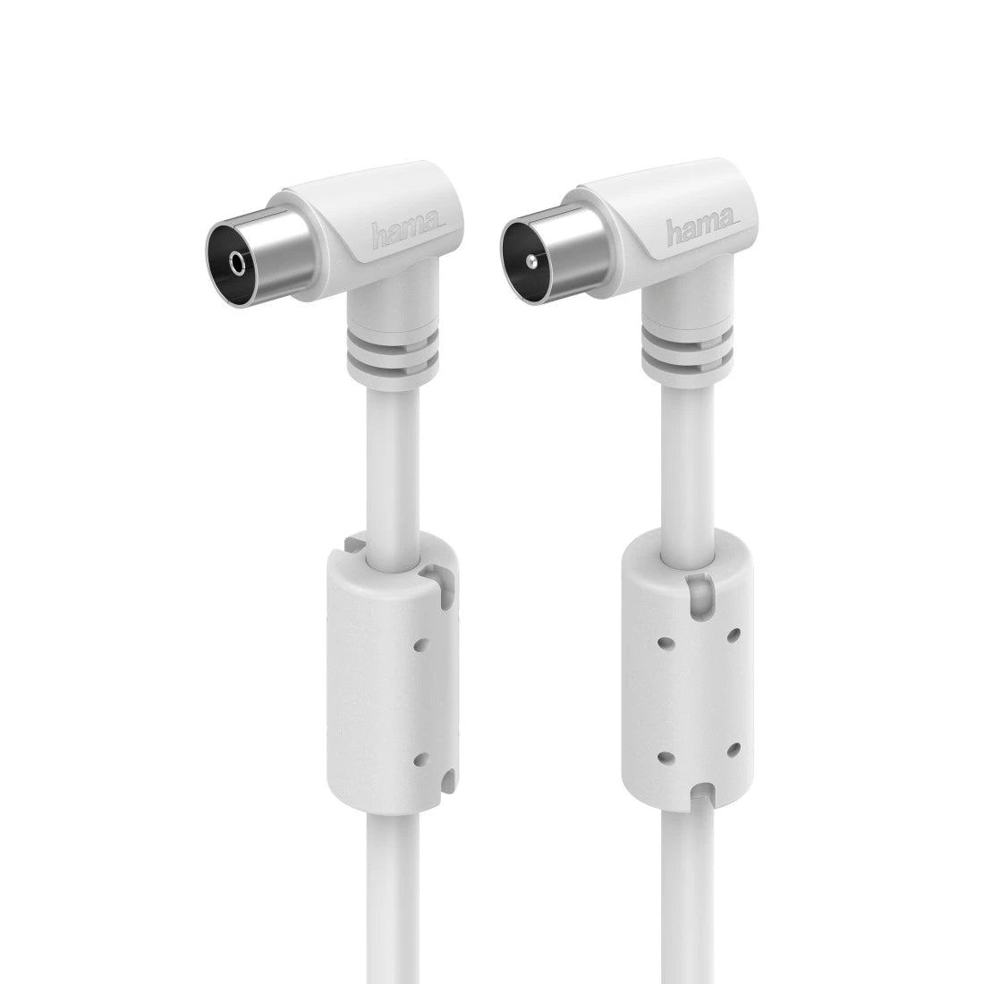 Two white audio cables with connectors on a white background