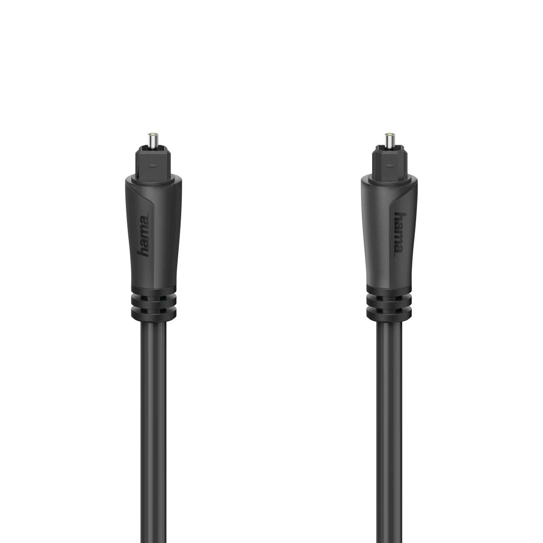 Two black optical fiber cables with connectors on a white background