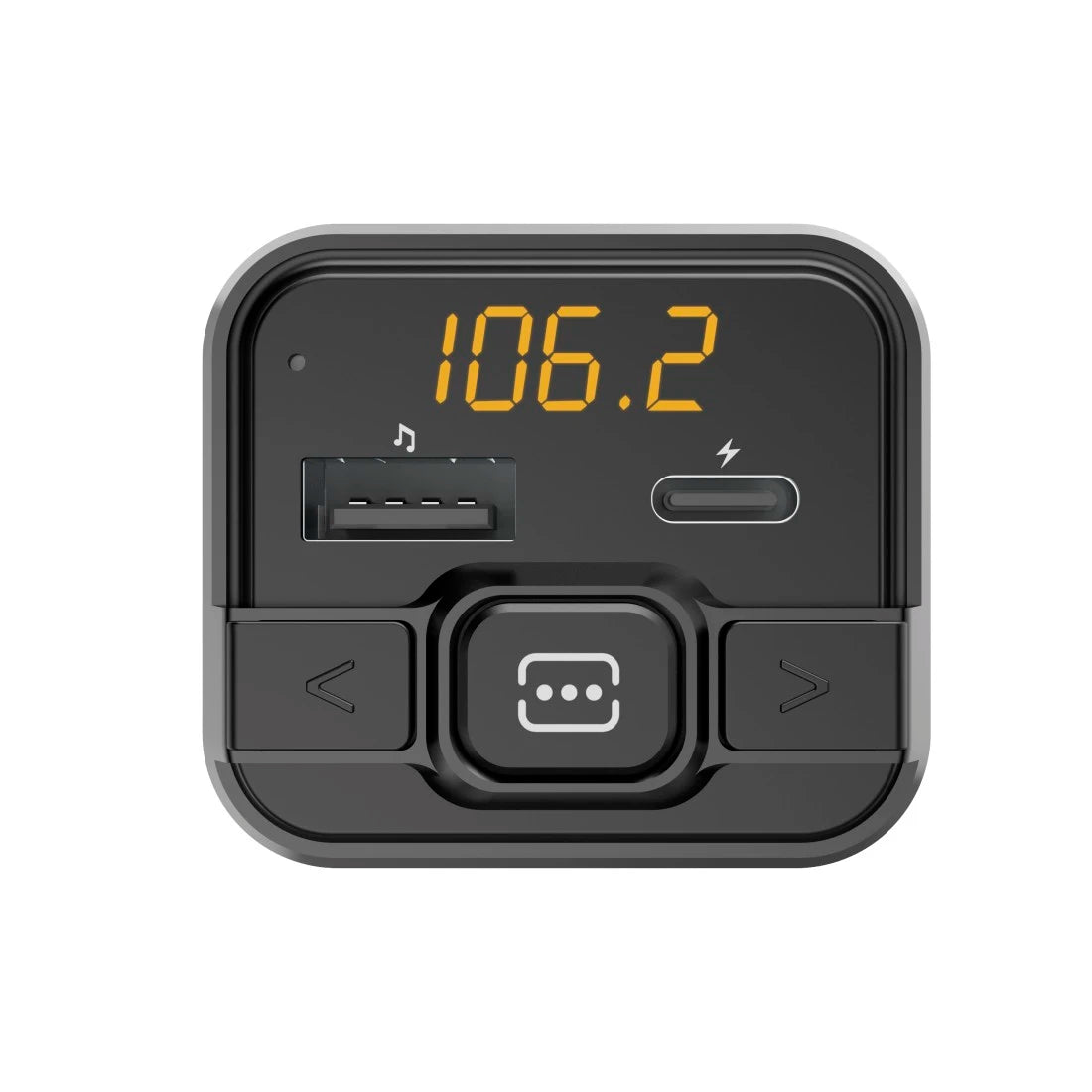 Black car audio receiver with digital display on a white background