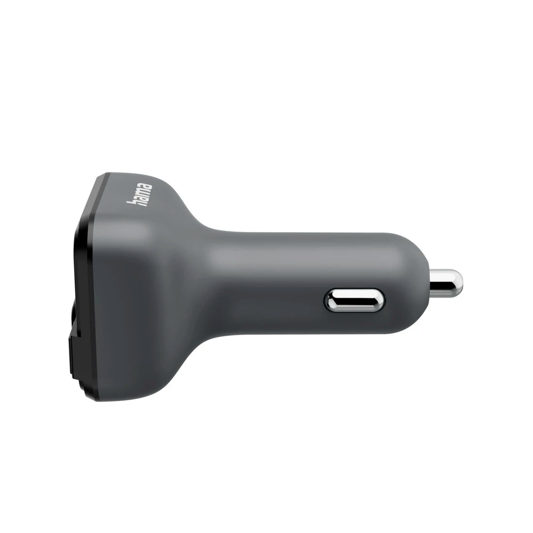 Gray car charger with USB port on a white background